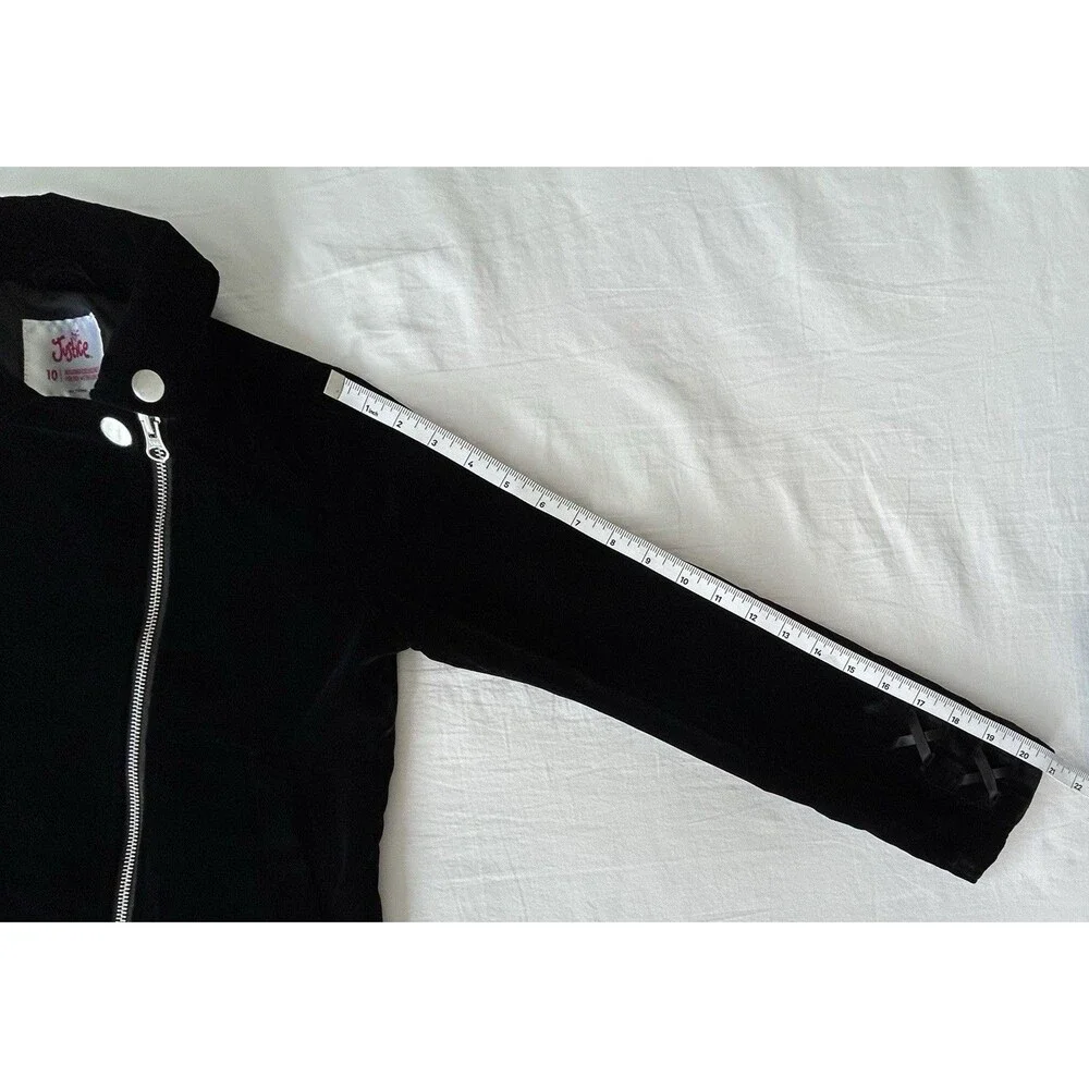 NWOT Justice Girls Black Velvet Moto Jacket Size 10 Lined Lace Up Sleeve